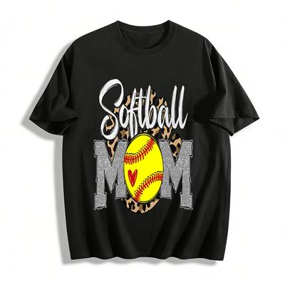 Leopard Print Glitter Softball Mom Graphic Casual Tee Pure Cotton T-shirt