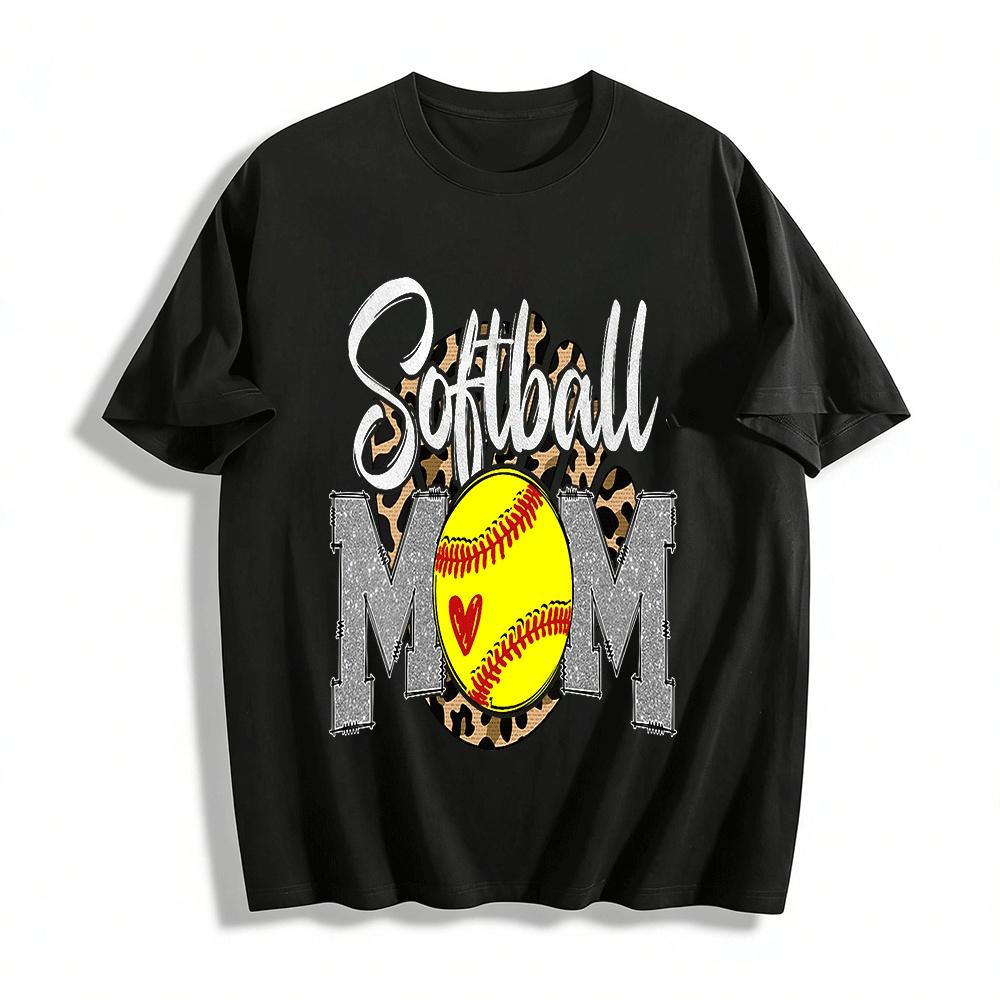 Leopard Print Glitter Softball Mom Graphic Casual Tee Pure cotton T-shirt XXS