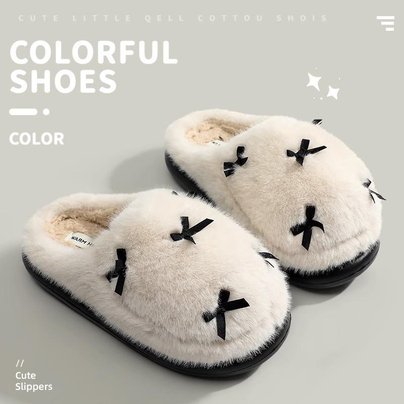 Women Indoor Fluffy Slippers Warm Faux Fur Bow Knot Female Winter Cotton Shoes Soft Plush Girls Home House Floor Slipper