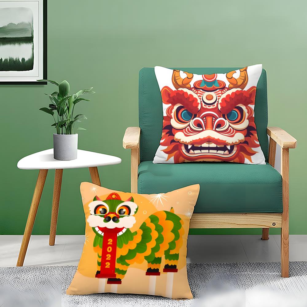 Oriental Festive Lion Print Pillow Case Double-Sided Plush Sofa Cushion Covers Organic Breathable Invisible Zipper
