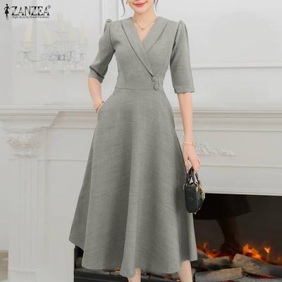 Damen Freizeit V-Ausschnitt Sommer 3/4 Ärmel A-Linie Langes Kleid