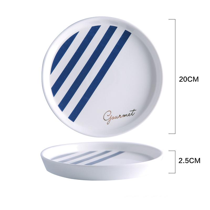 1pc European Style Salad Plate Blue Ceramic Dinner Dishes Gold-rimmed Dinnerware Pasta Rice Plate Dish 8 inch