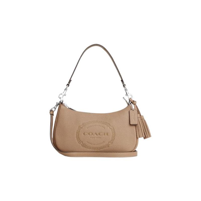 

COACH shoulder bag Teri 25 Embossed Logo Signature Plate Tassel Hardware Buckle Zipper Closure Calf Leather Underarm Crossbody Medium Women s Camel золотий