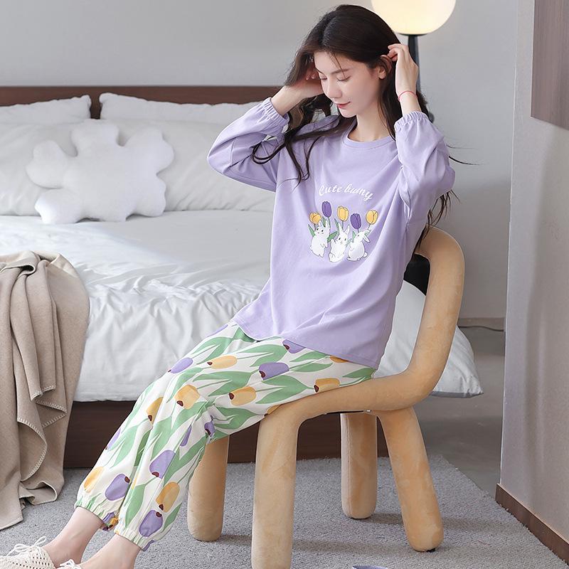 100% Cotton Women's Pajama Set – Breathable, Sweat-Absorbent, Long Sleeve Crew Neck for Indoor & Outdoor Wear (Autumn/Winter)