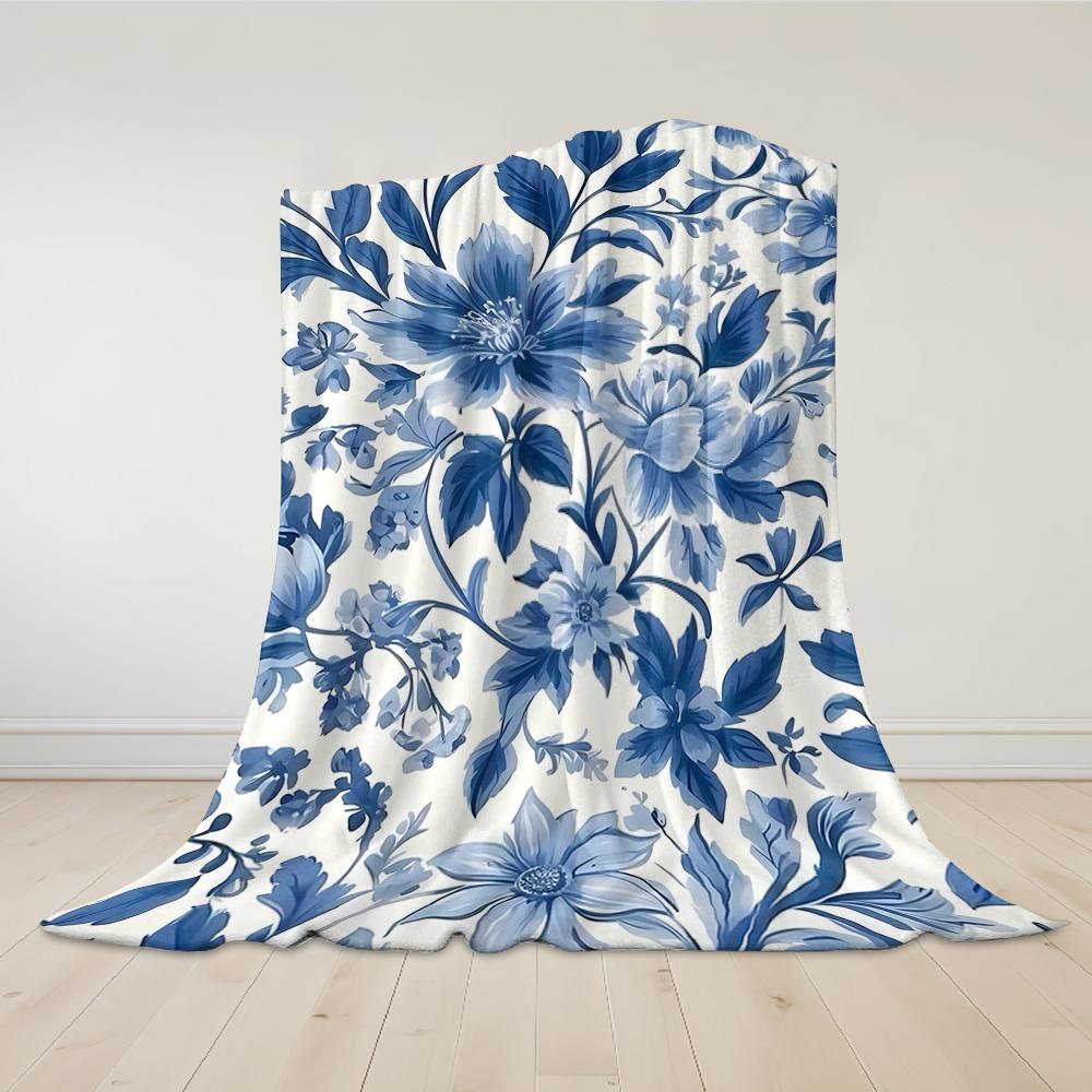 Blue Floral Porcelain - Style Flannel Blanket Warm Soft Halloween Christmas Couch Warm Cozy Decorative Decor Gift for All Season