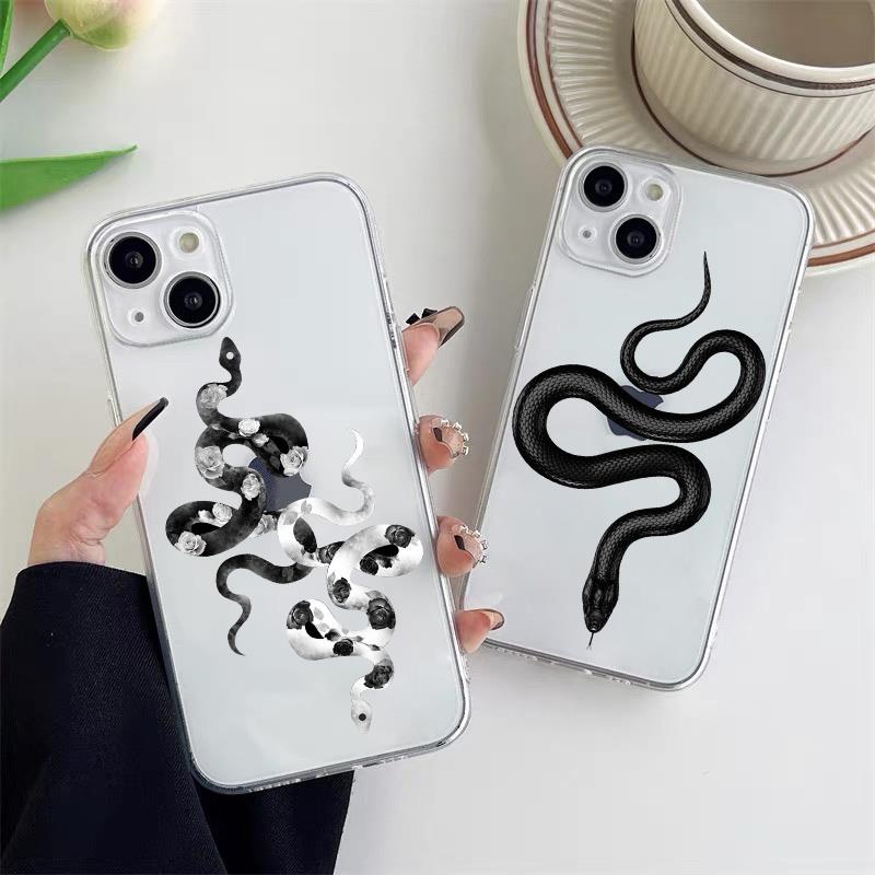 Luxurious Black White Flower Snake Clear Phone Case for IPhone X XR XS 14 13 12 11 Pro Max Mini 7 8Plus Unique Dragon Back Cover