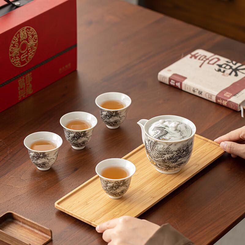 Su's Heritage Ceramic Ink Dragon Tea Set - 1 Pot, 4 Cups