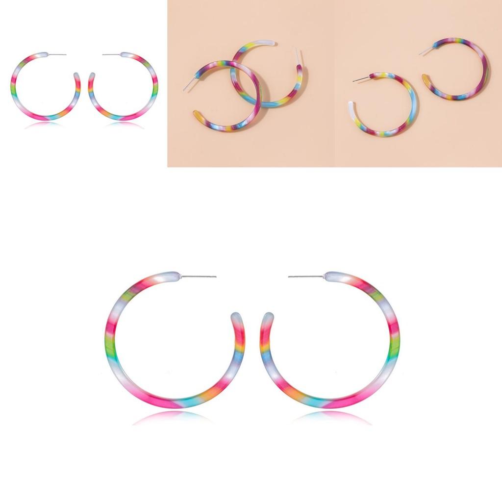 Fashionable C-shaped Rainbow Acetate Earrings Colorful Alloy Hoop Jewelry