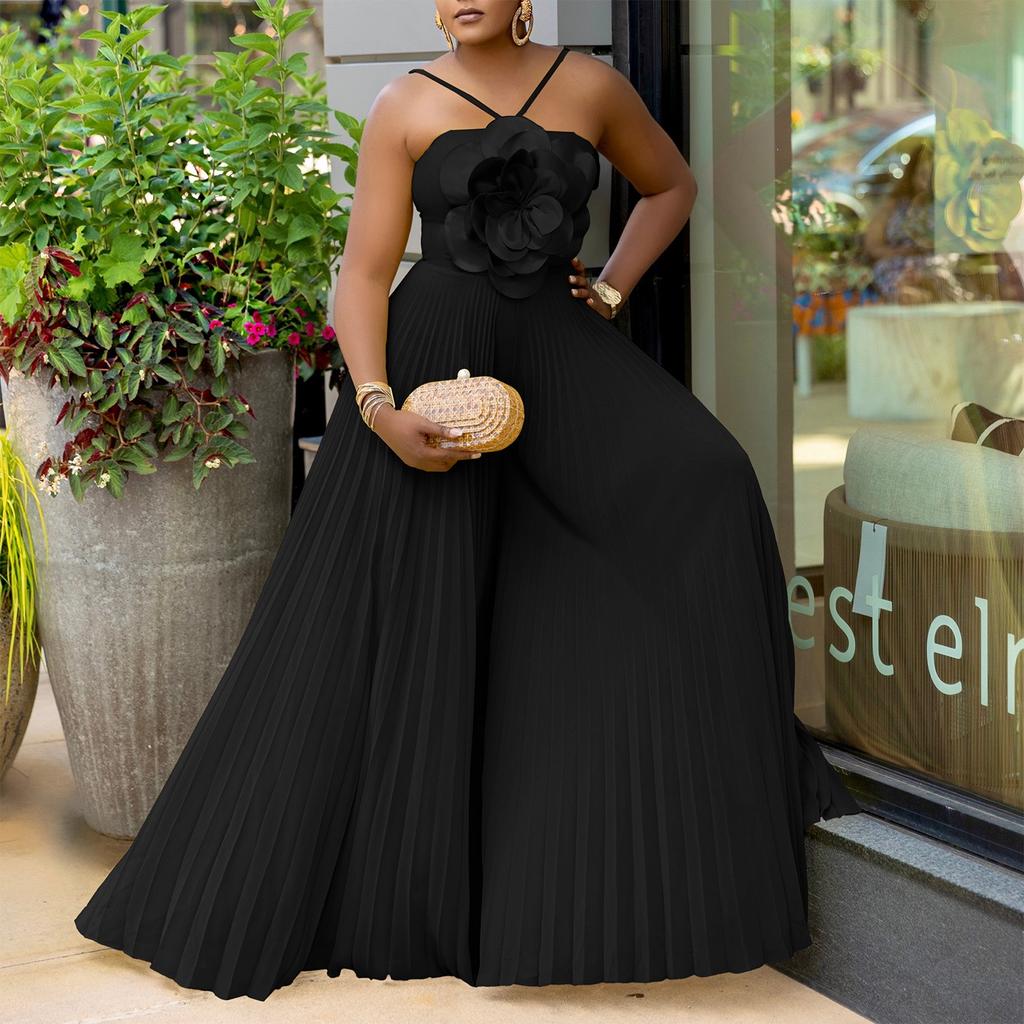 Sexy Jumpsuits Rompers Woman Wide Leg Pants Plus Size Halter Sleeveless Backless Floral Decorate High Waist Female Birthday Party Outfit