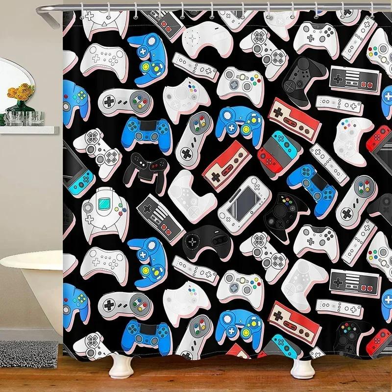 Modern Gamer Shower Curtain Video Game Controller Bath Curtain Room Decor Bright Colorful Geometry Waterproof Bathroom Curtains