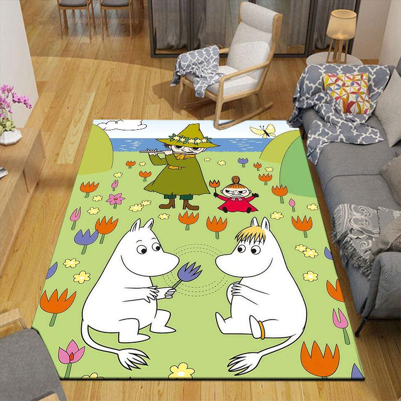 Moominvalley Flannel Printed Carpet, Home Sofa Decoration for Living Room & Bedroom, Non‑Slip Play Flannel Floor Mat for Game Room