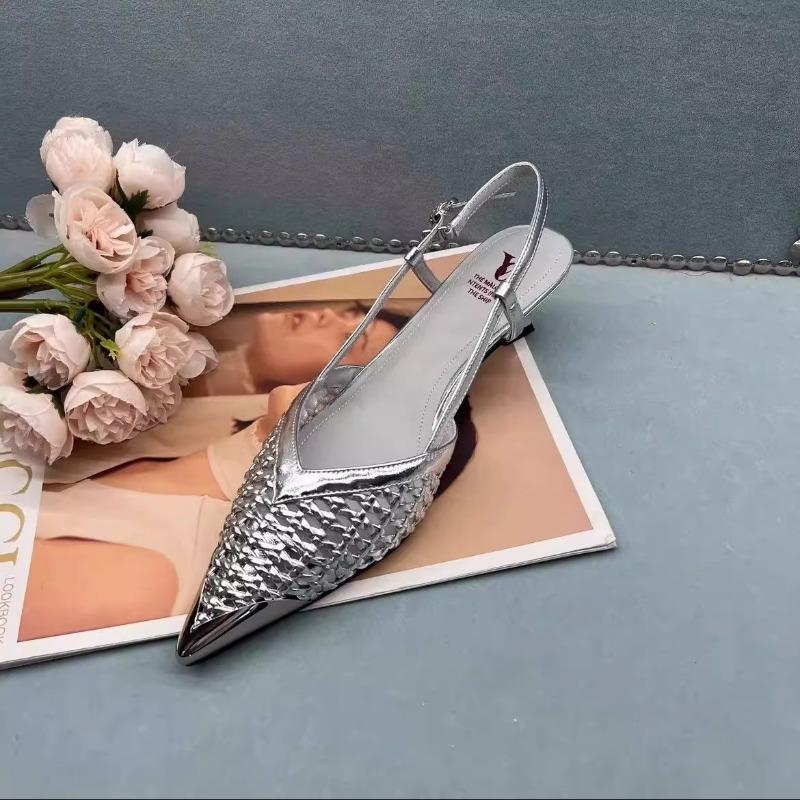 

Fashion 2025 Summer Pointed Cat Heel Breathable Hand-Woven Gold and Silver French Sandals for Women 34