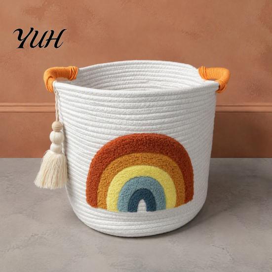 Foldable Sundries Holder Large Cotton Woven Storage Basket, Cartoon Embroidery Toy Organizer Bin, Soft Fabric Container Capacity with Reinforced
