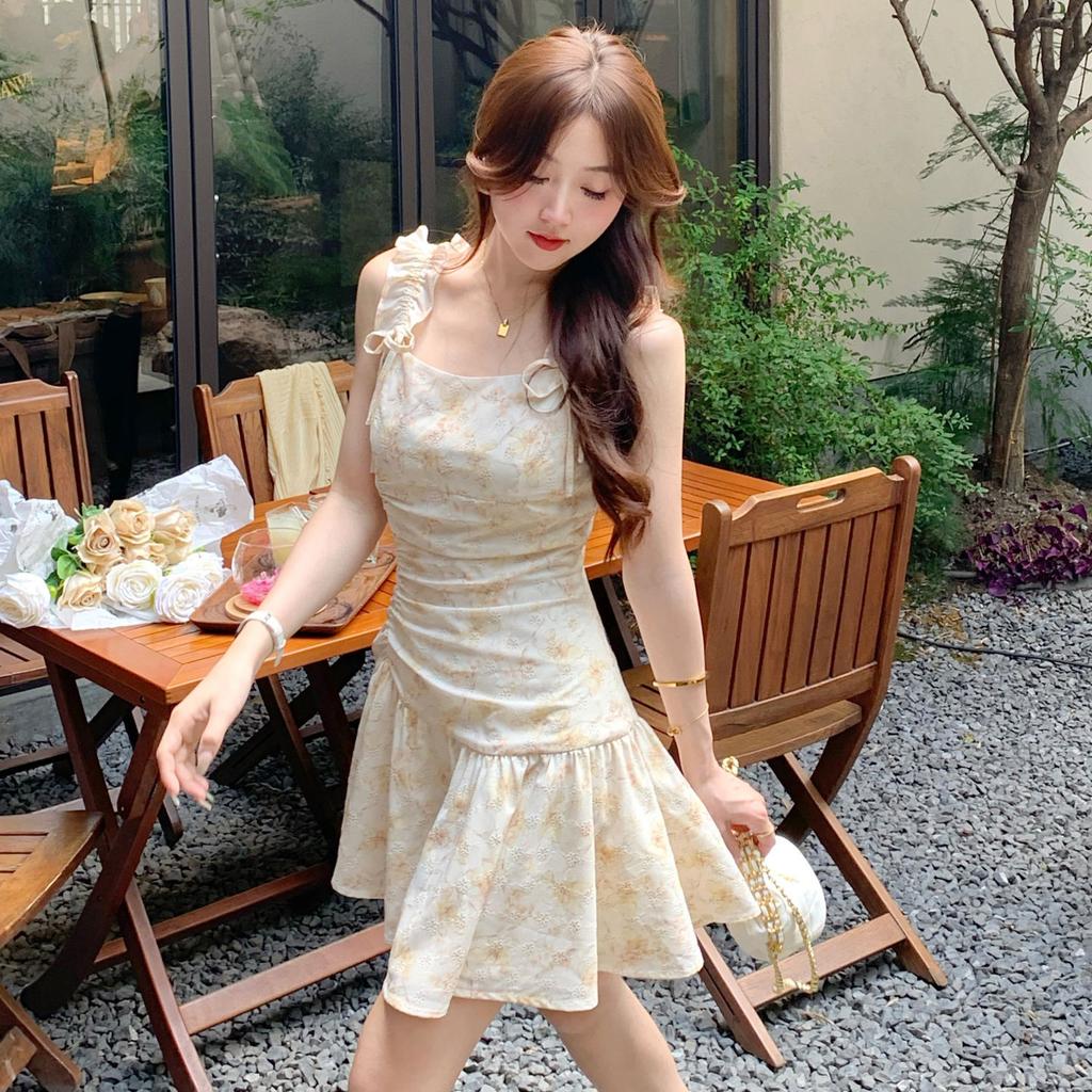 New summer French temperament fashion romantic bow small floral short suspender dress