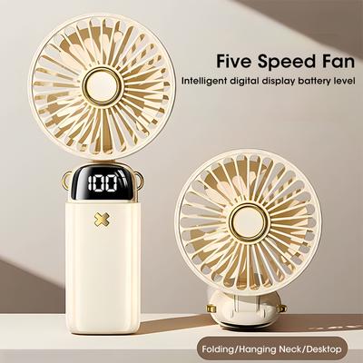 USB-Handventilator, Mini-Ventilator, faltbar, tragbar, zum Aufhängen am Hals, wiederaufladbarer USB-Ventilator mit 5 Geschwindigkeiten, mit Telefonständer und Anzeigebildschirm