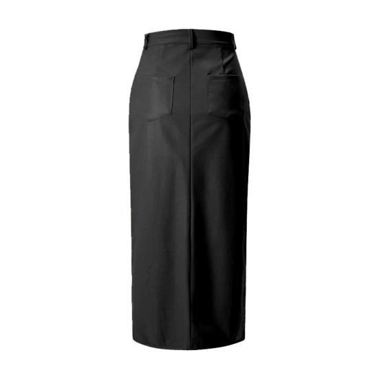 Faux Leather Maxi Skirt Solid Color High Waist Slit Hem Maxi Skirt Windproof Velvet Lining Straight Fit Long Skirt