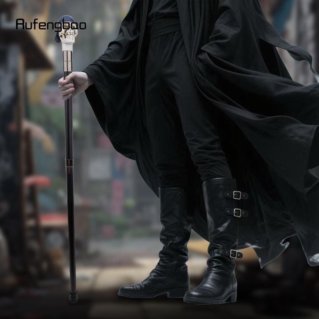 Blue Hat Resin White Skull Head Walking Cane Fashion Decorative Steel Stick Gentleman Elegant Cosplay Cane Knob Crosier 94cm