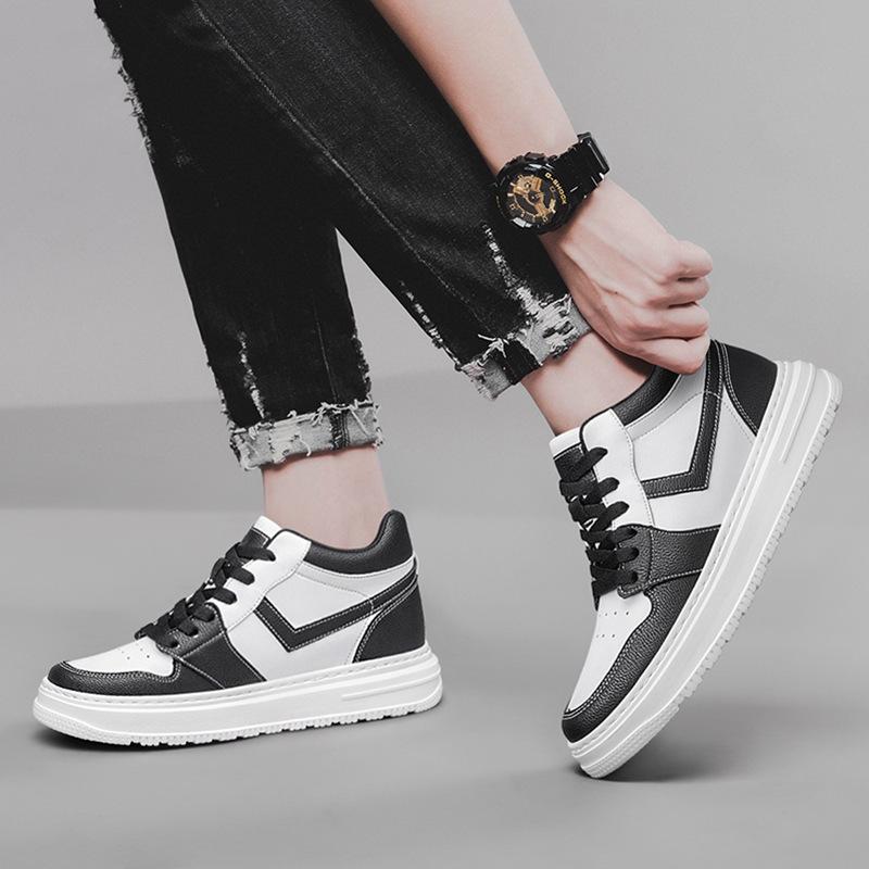 Spring Men's Height-Increasing Leather Sneakers: Non-slip, Wear-resistant, Trendy, and Versatile Casual Board Shoes