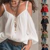 Women Cold‑Shoulder Blouse Spaghetti Strap Puff Long Sleeve V‑Neck Loose Casual Summer Shirt Top