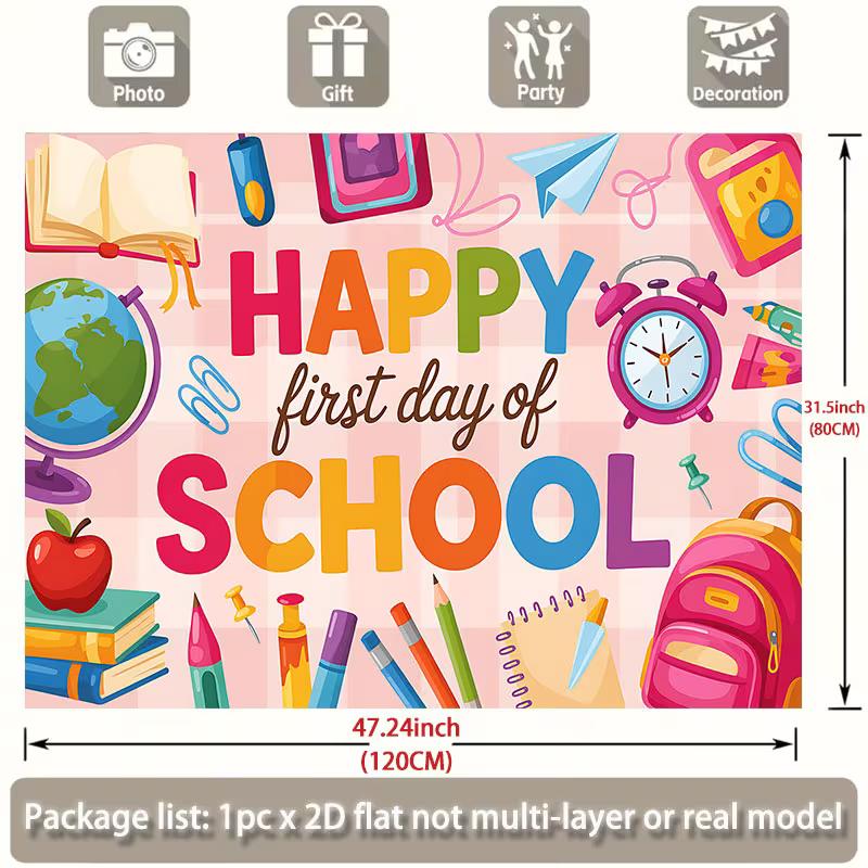 2D First Day of School Backdrop, Colorful School Supplies Photo Background