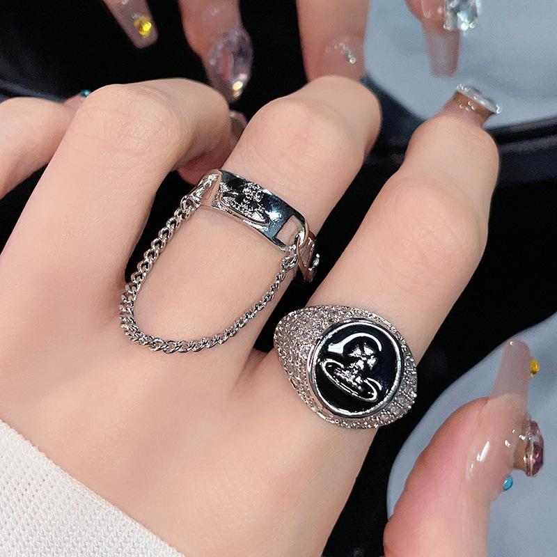 Planeta Saturn Ciemny Łańcuch Kapiący Olejem Otwarty Pierścionek Osobowość Lekki Luksus Wysoki Smak Francuski Niszowy Design Biżuteria Kobiety