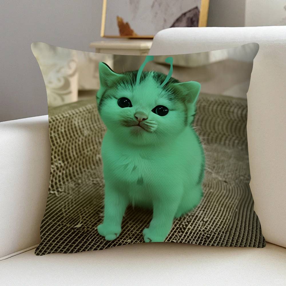 Cute Funny Green Alien Cat Pillow Cover Design Cushion Cover Decor Holiday Decorati