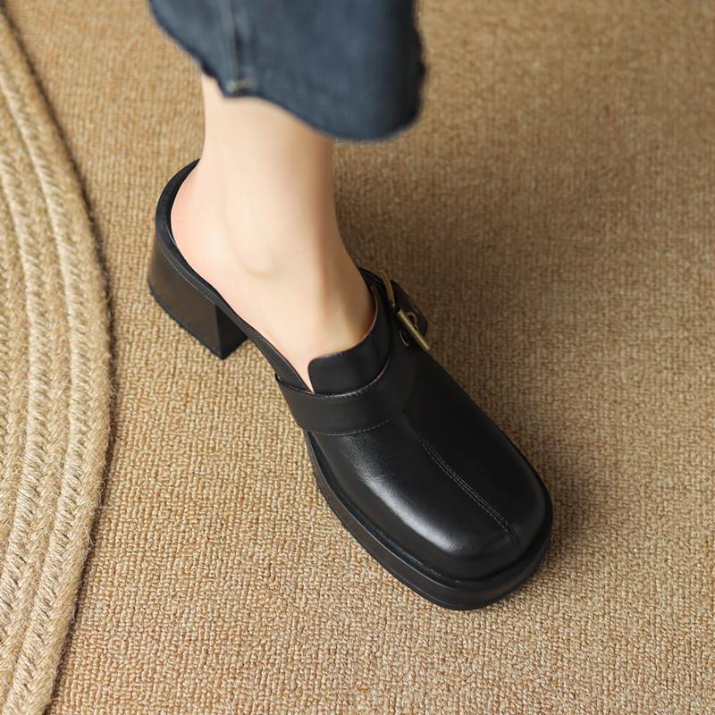 Retro Outer Wear Thick-soled Bag Head Half Slippers Women's Belt Buckle Lazy Sandals Thick Heel Non-slip Muffin Bottom Apricot Single Shoes