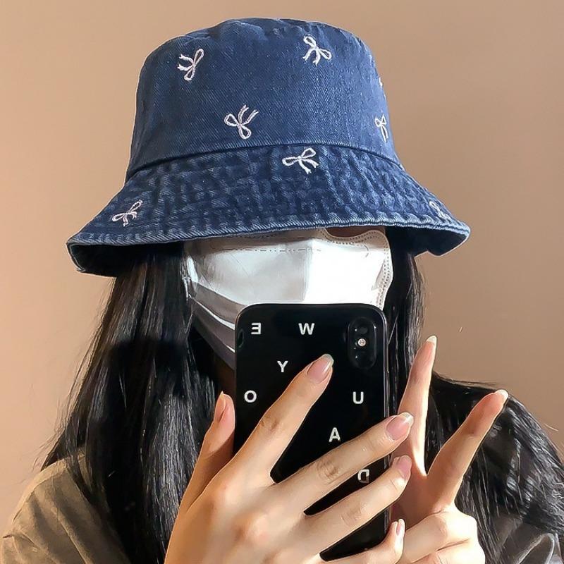 Washed Bow Denim Bucket Hat Women's Summer Big Head Circumference Washbasin Hat Sunshade Sunscreen Hat