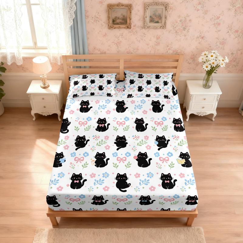 3pcs Cartoon Cute Cat Printed Chipless Bed Sheet Set Multi Size Soft Bed Cover Bedroom Bedding Decoration