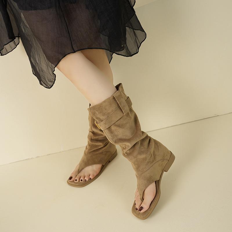 Square toe cool boots women's summer boots but knee high thin boots women's heel boots pleated piled boots