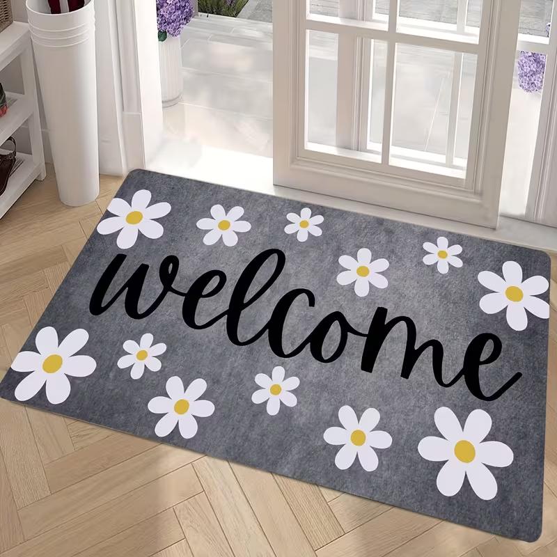 Welcome Daisy Doormat - Machine Washable Polyester Door Mat Rectangular Indoor and Outdoor Entrance Rug for Home Deco