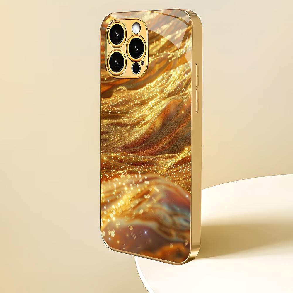 Gold textured electroplated glass phone case suitable for iPhone 17 16 15 14 13 12 11 Pro/Max/Plus shockproof back cover
