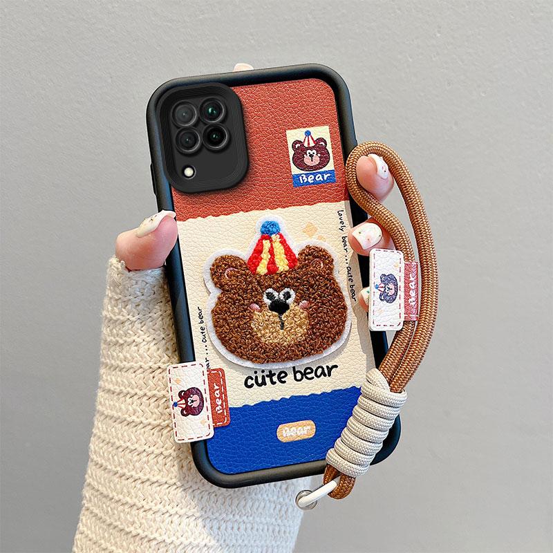 KEYSION Cartoon Cute Plush Embroidery Case for Samsung A12 with Lanyard Soft Silicone Shockproof Phone Back Cover for Galaxy M12