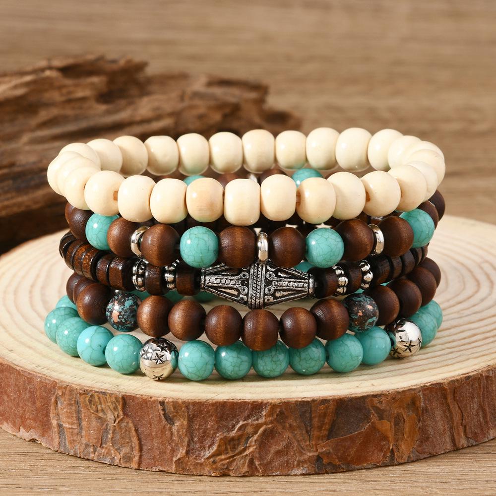 Turquoise Wood Bead Multilayer Elastic Bracelet Set - Retro European & American Style, 5-Piece