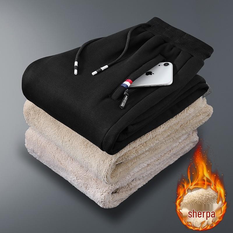 Men's Plus Velvet Thickened Lambskin Casual Pants - Autumn/Winter, Large Size, Loose Fit, Cuffed, Straight, and Warm.