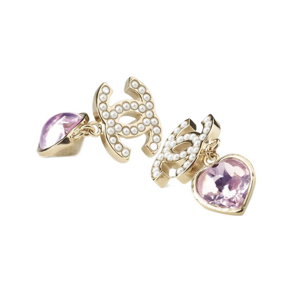 Chanel Pink Heart Crystal Pearl Metal Earrings Women Earrings Gold AB9100-B08566-NJ004