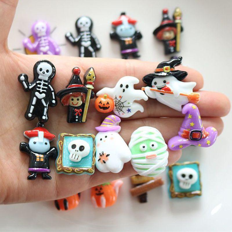 10 Pcs Cute Cartoon Halloween Ghosts, Skeletons, Pumpkins Flat Back Resin DIY Jewelry Hairpin Craft Decoration Accessorie