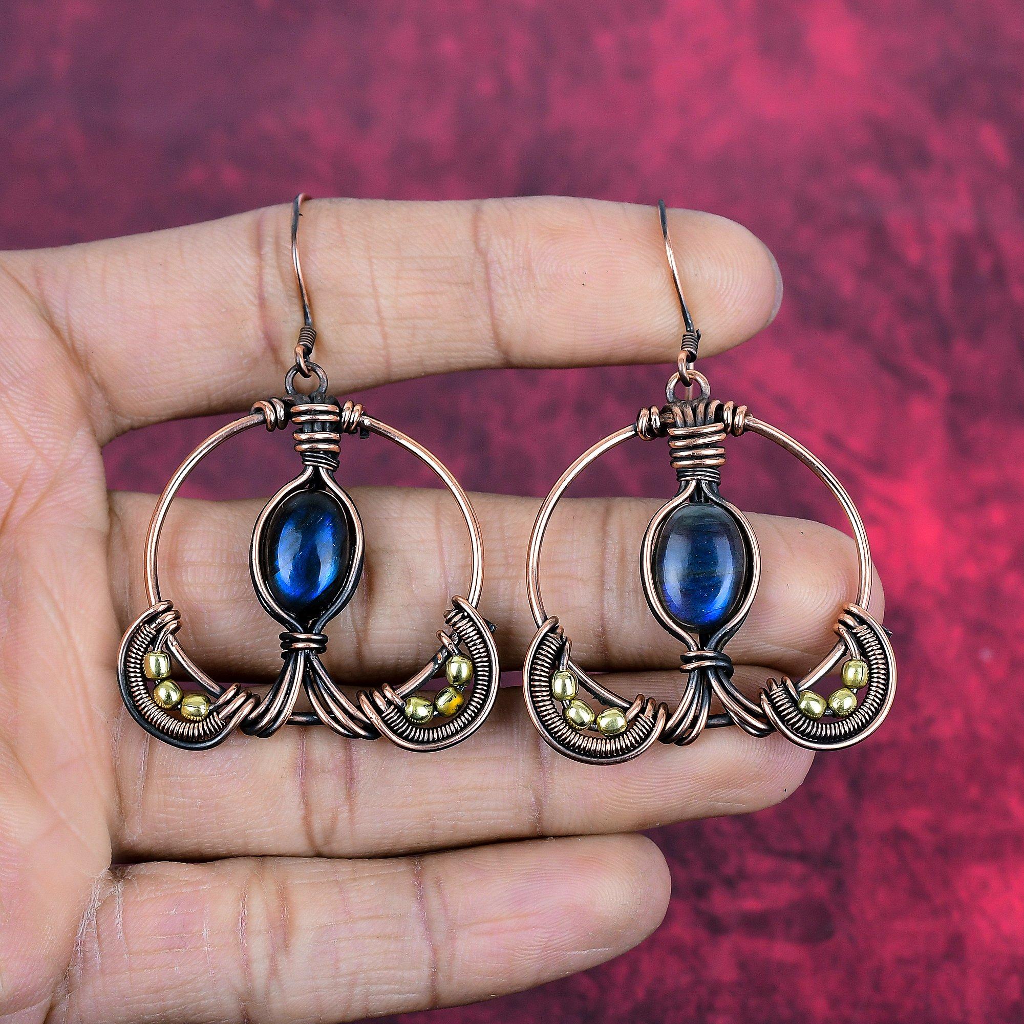 Серьги из лабрадорита ювелирные изделия, обмотанные медной проволокой, серьги с драгоценными камнями, серьги с обмоткой медной проволокой, серьги ручной работы, подарки для жены, совершенно новые серьги