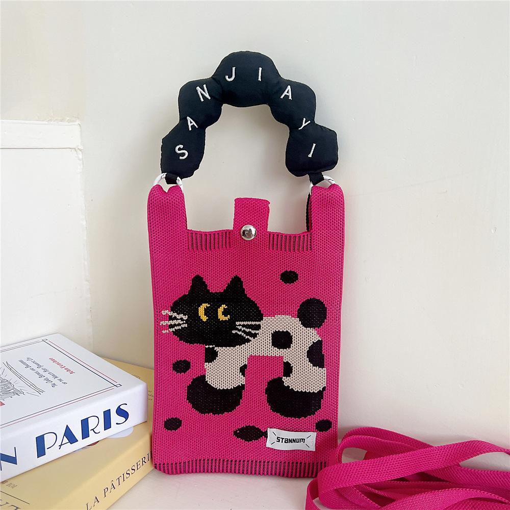 Knitted Mobile Phone Bag For Women In Spring And Autumn Cute Cartoon Versatile One Shoulder Diagonal Cross Bag Travel Coin Purse Small Handbag