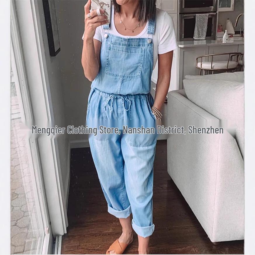 Damenmode Jumpsuit mit Kordelzug: Locker geschnittene Denim-Latzhose mit Schnürungsdetails