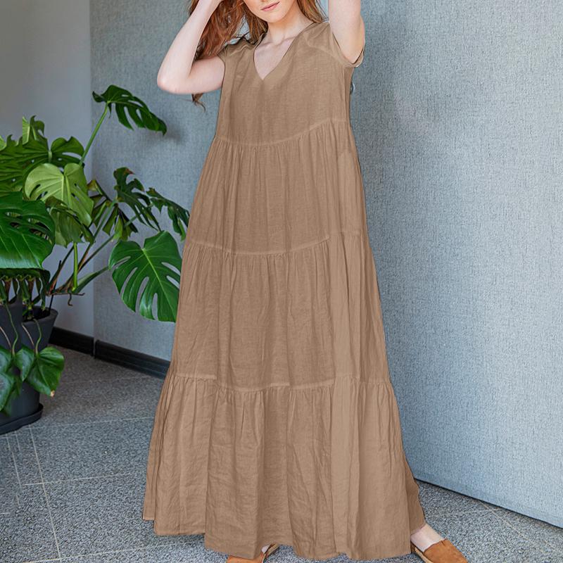 ZANZEA Women Daily Casual Loose V-neck Short Sleeve Long Dress