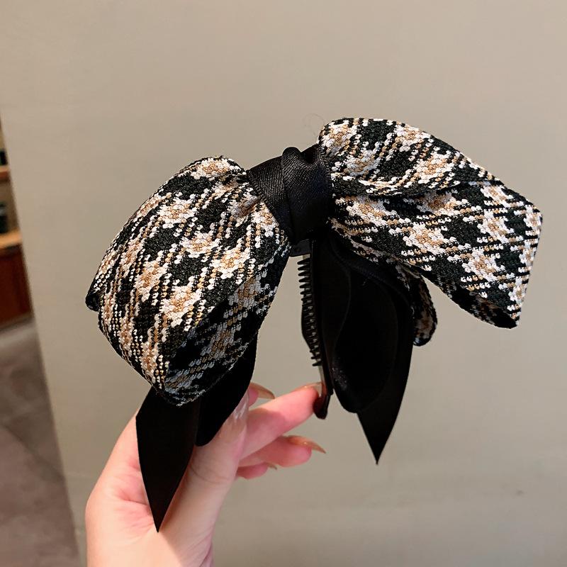 

Черная клетчатая заколка-банан с бантом для высоких хвостов - Элегантный осенне-зимний аксессуар для волос