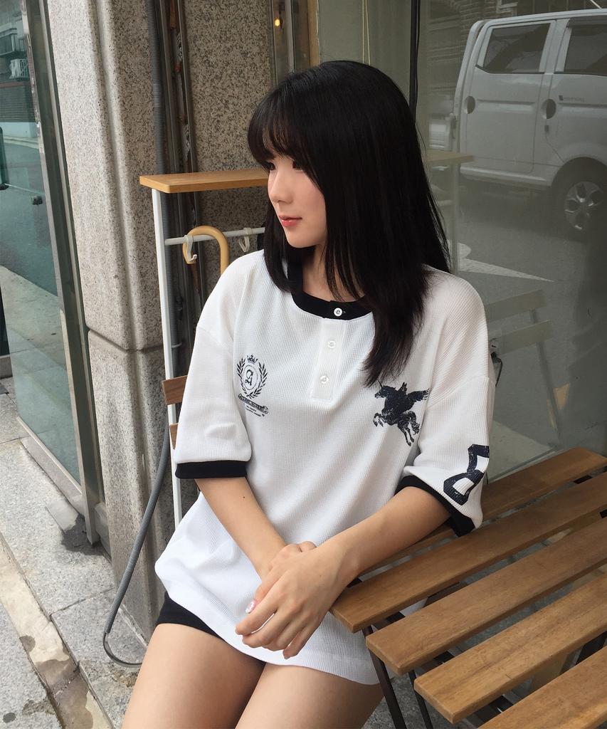 AWESOME STUDIO Waffle Henley Neck Ringer Color Block Tee White