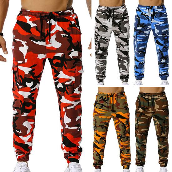 Men Sweatpants Camouflage Drawstring Elastic Waist Multi Pockets Streetwear Loose Ankle Tied Cargo Pants for Training Running Fitness