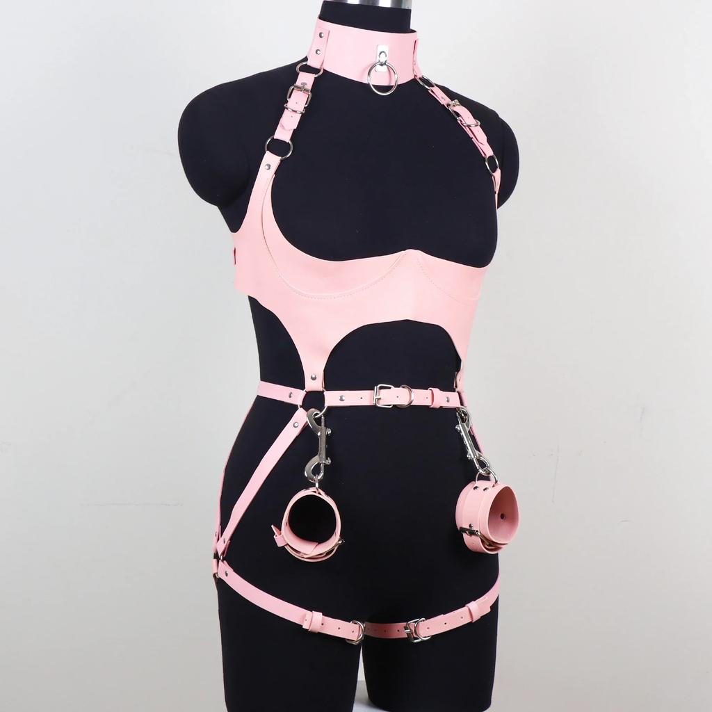 Pink Sexy League Body BH Damen Gürtel Geschirr Gothic Leder Strumpfband Harajuku Geschirr BH Käfig Enge Fesselung Verstellbar 3 STÜCKE