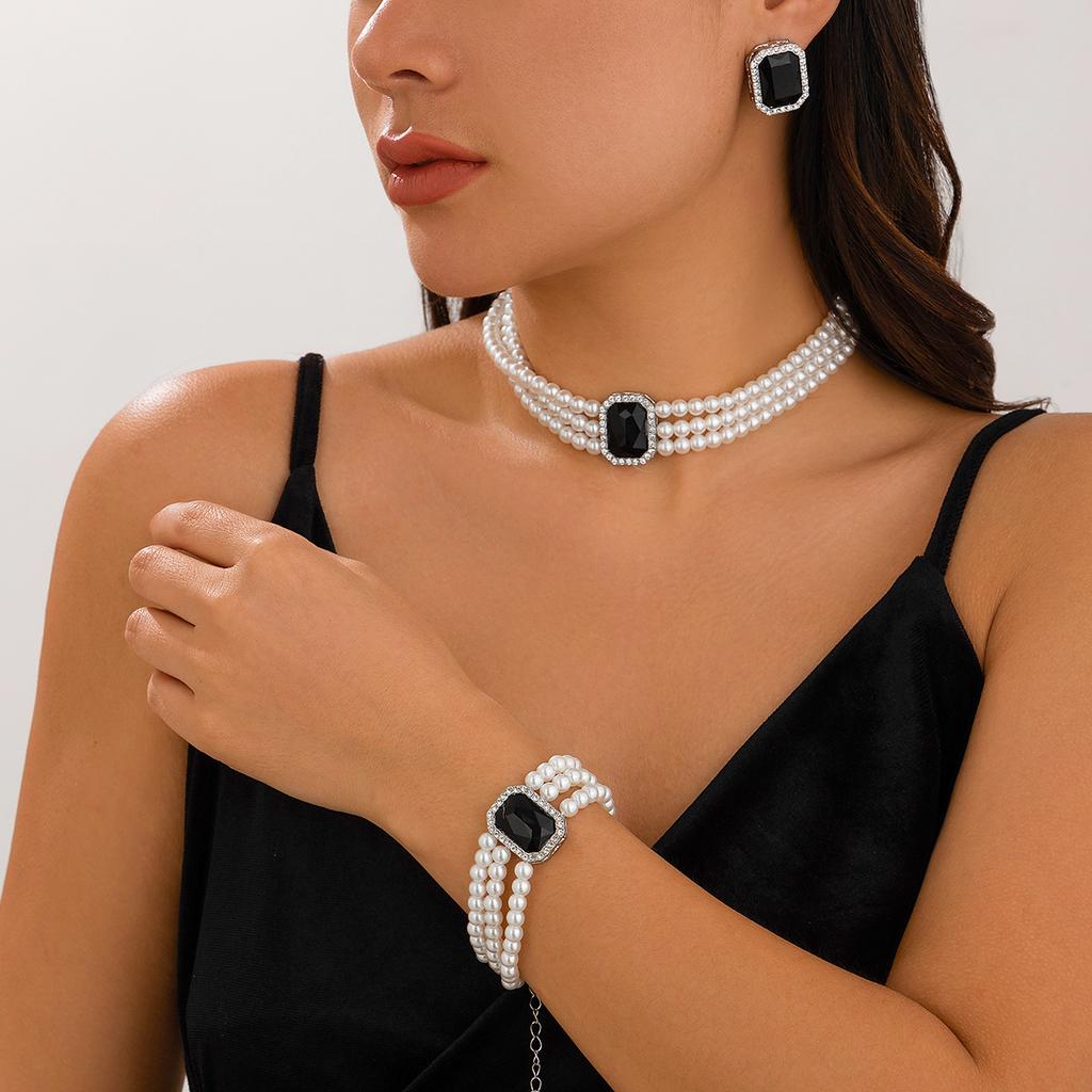 Salircon Fashion Elegant Blue Zircon Imitation Pearl Necklace Bracelets Earings Set for Women Temperament Wedding Bride Jewelry