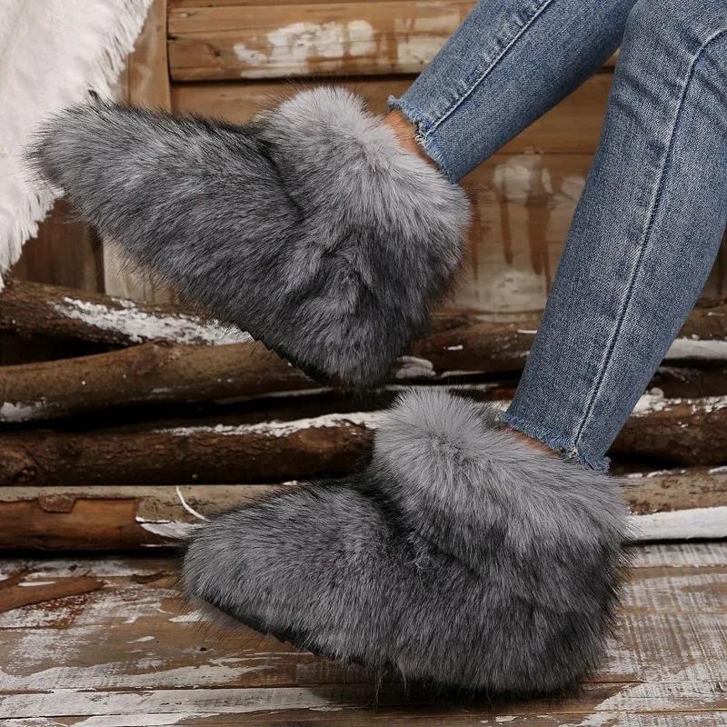 Modische Winterstiefel mit Kunstfuchs-Fell, für Damen, flauschiges Fell, Schneestiefel mit Plüschfutter, Slip-on, flache Gummistiefel für den Außenbereich, warme Damenschuhe