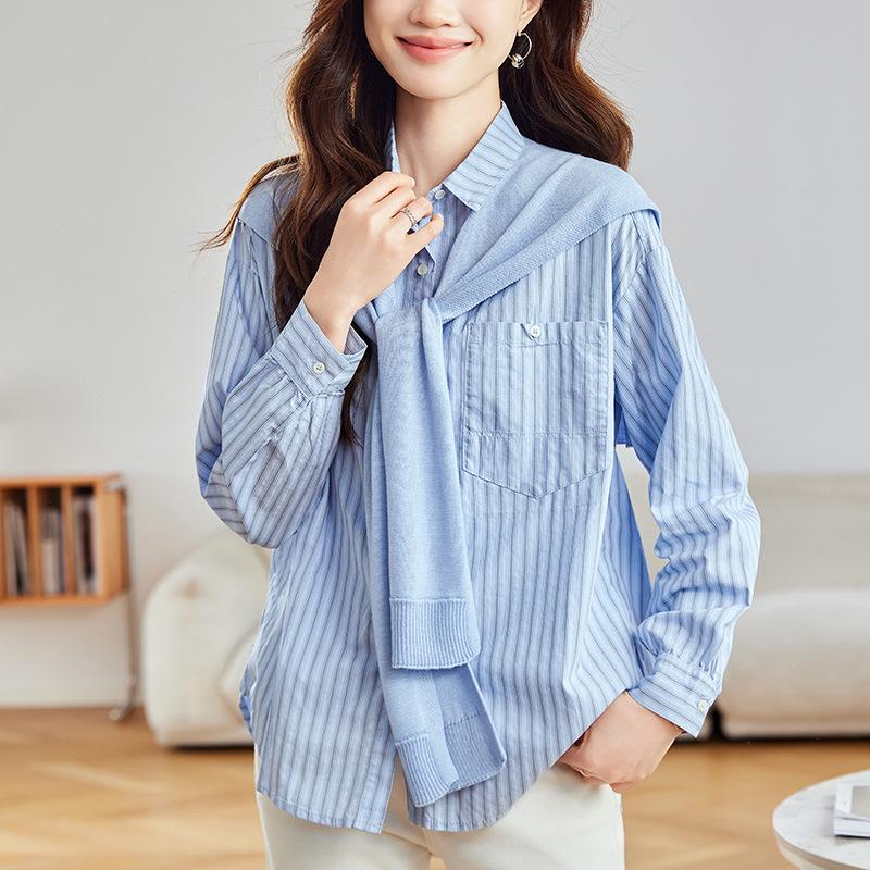 

Вязаная шаль, полосатая рубашка для женщин, с длинным рукавом, весенняя одежда, новый модный топ, розовая рубашка с лацканами One size