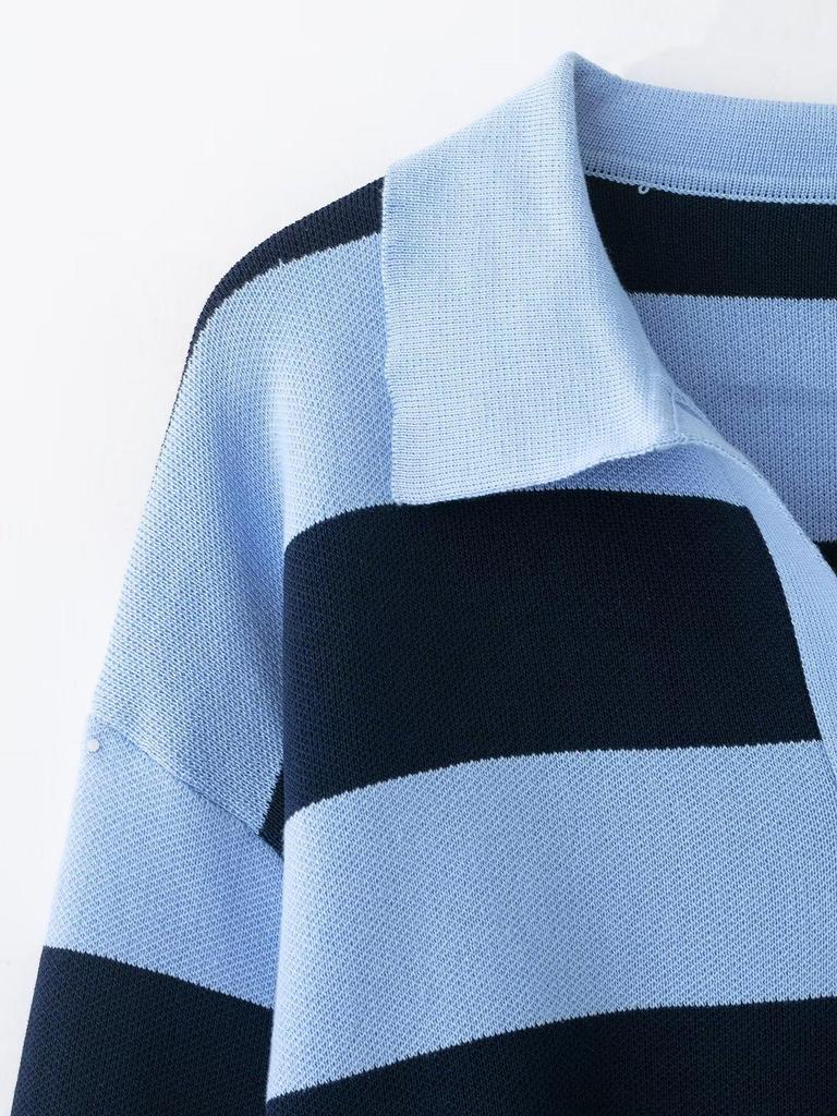 Spring 2026 Women's European & American Striped Lapel Knit Pullover Sweater