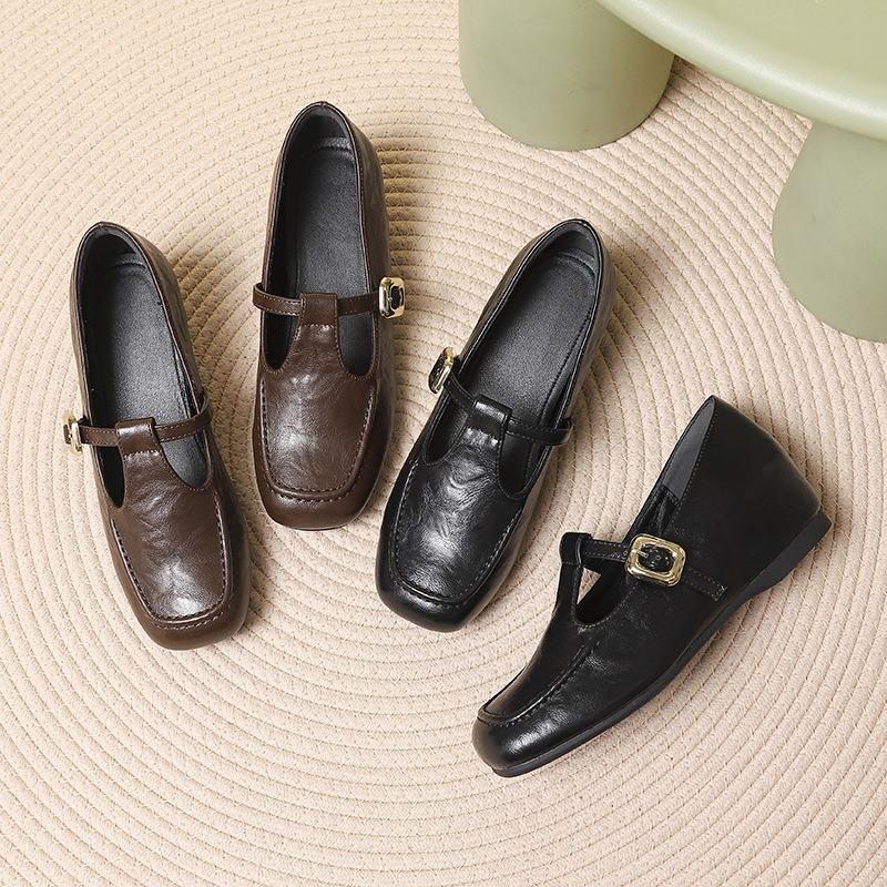 Vintage chestnut brown loafer single shoes one pedal round head evening high heel flat bottom Mary Jane